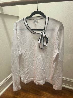 J. Crew White Long-Sleeve Tie Neck Top with Black Trim